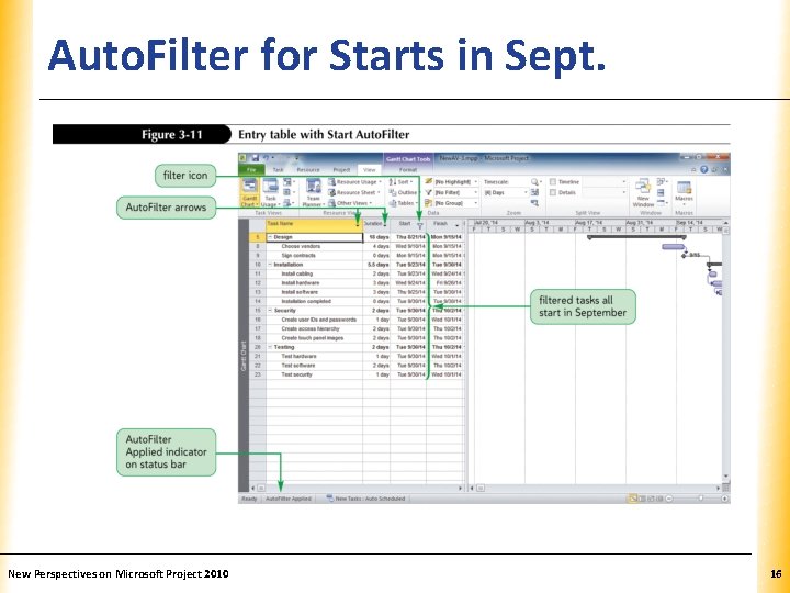 Auto. Filter for Starts in Sept. New Perspectives on Microsoft Project 2010 XP 16