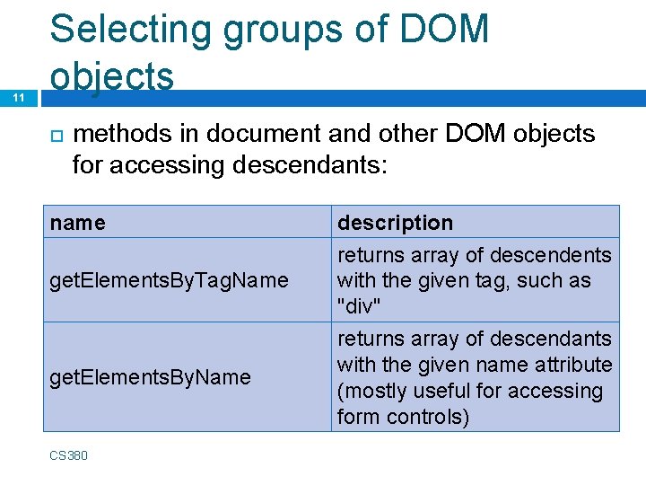 11 Selecting groups of DOM objects methods in document and other DOM objects for