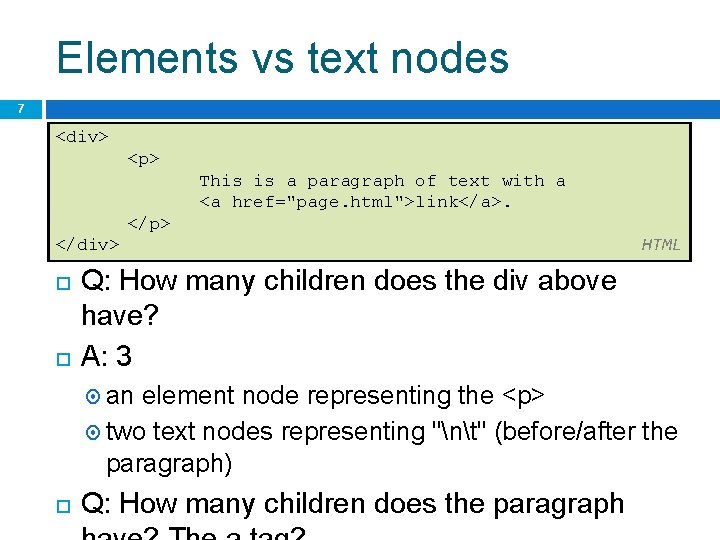 Elements vs text nodes 7 <div> <p> This is a paragraph of text with