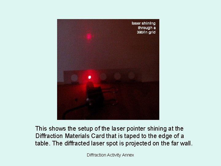 This shows the setup of the laser pointer shining at the Diffraction Materials Card