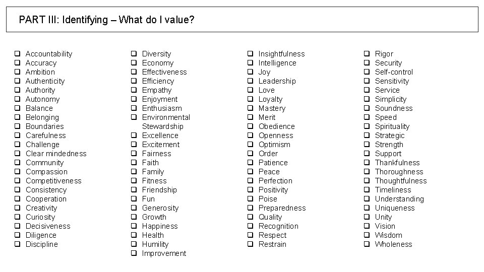 PART III: Identifying – What do I value? q q q q q q