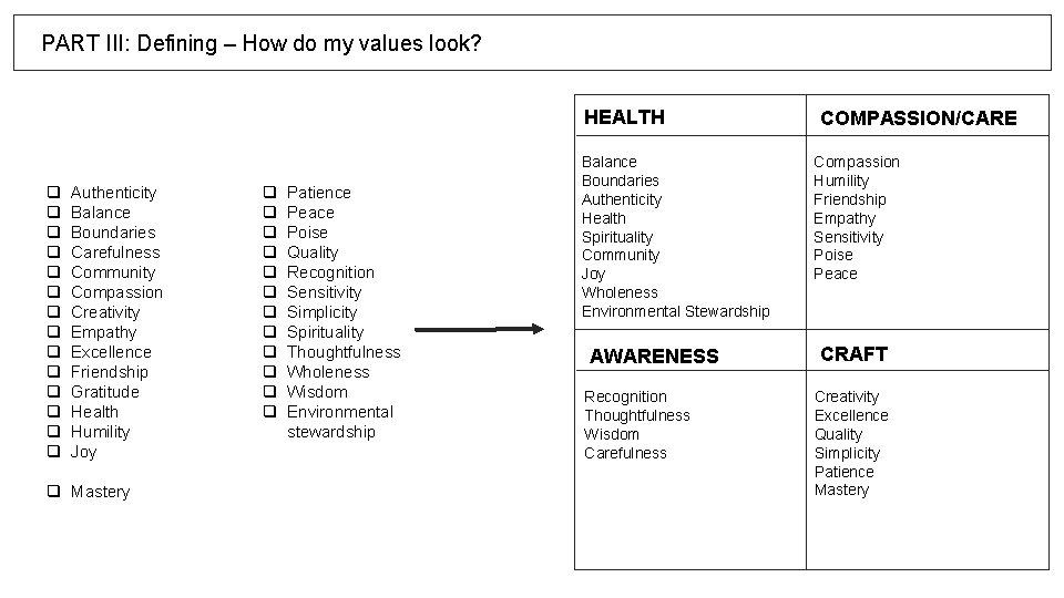 PART III: Defining – How do my values look? HEALTH q q q q