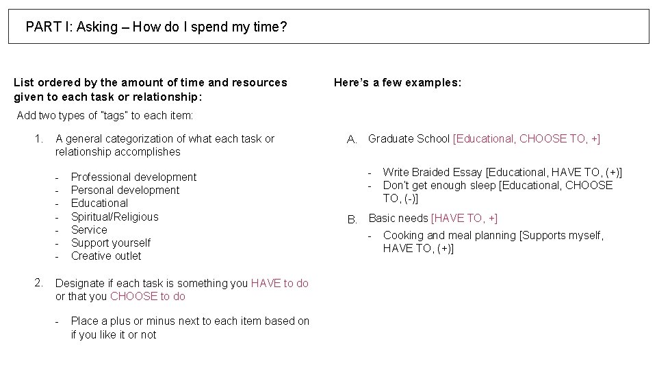 PART I: Asking – How do I spend my time? List ordered by the