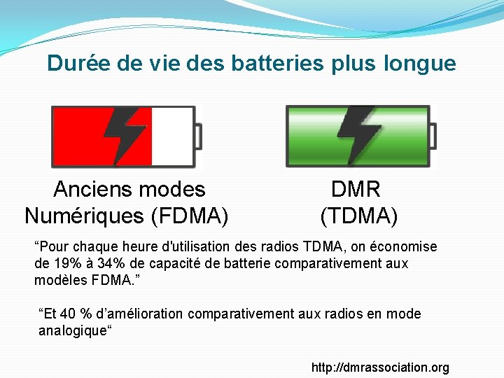 Durée de vie des batteries plus longue Anciens modes Numériques (FDMA) DMR (TDMA) “Pour Durée de vie des batteries plus longue Anciens modes Numériques (FDMA) DMR (TDMA) “Pour