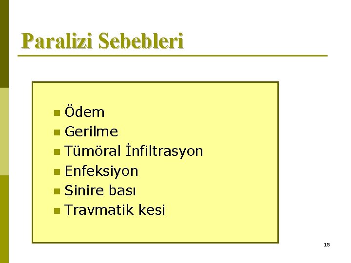 Paralizi Sebebleri Ödem n Gerilme n Tümöral İnfiltrasyon n Enfeksiyon n Sinire bası n