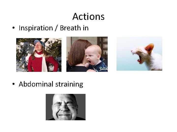 Actions • Inspiration / Breath in • Abdominal straining Actions • Inspiration / Breath in • Abdominal straining