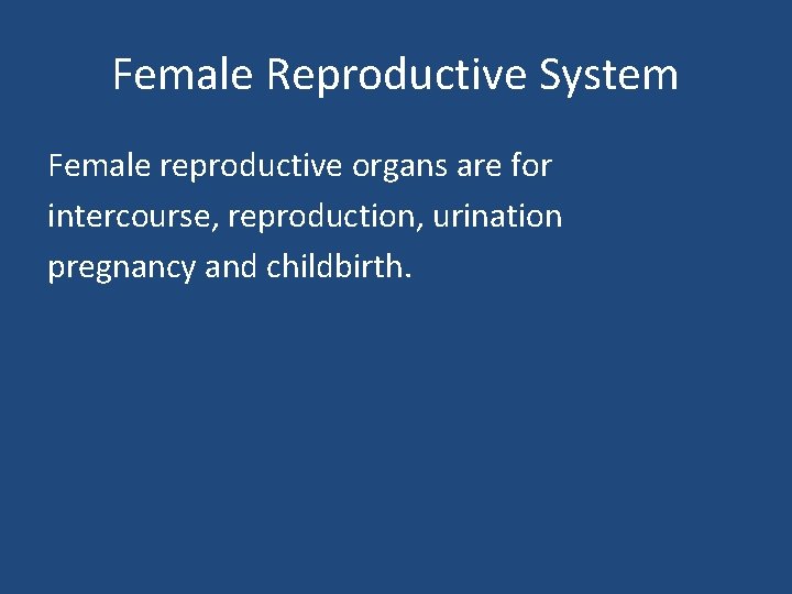 Female Reproductive System Female reproductive organs are for intercourse, reproduction, urination pregnancy and childbirth.