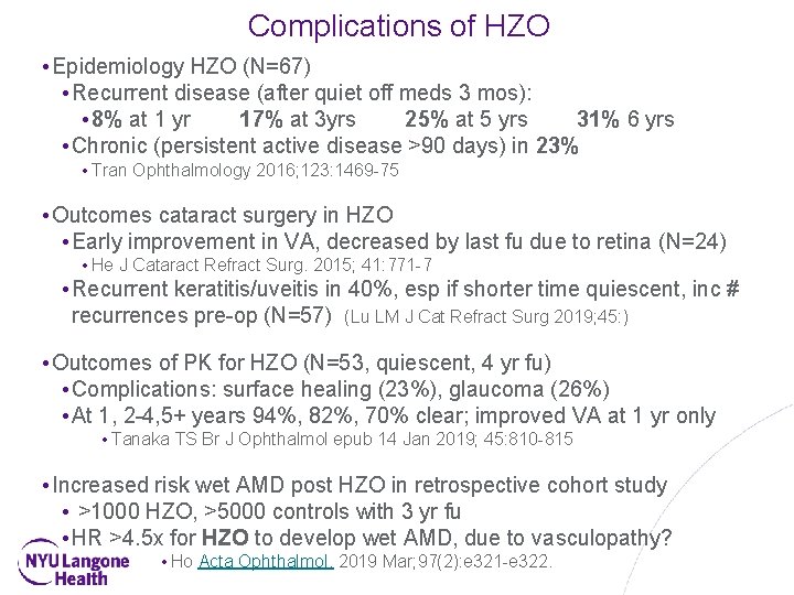 Complications of HZO • Epidemiology HZO (N=67) • Recurrent disease (after quiet off meds