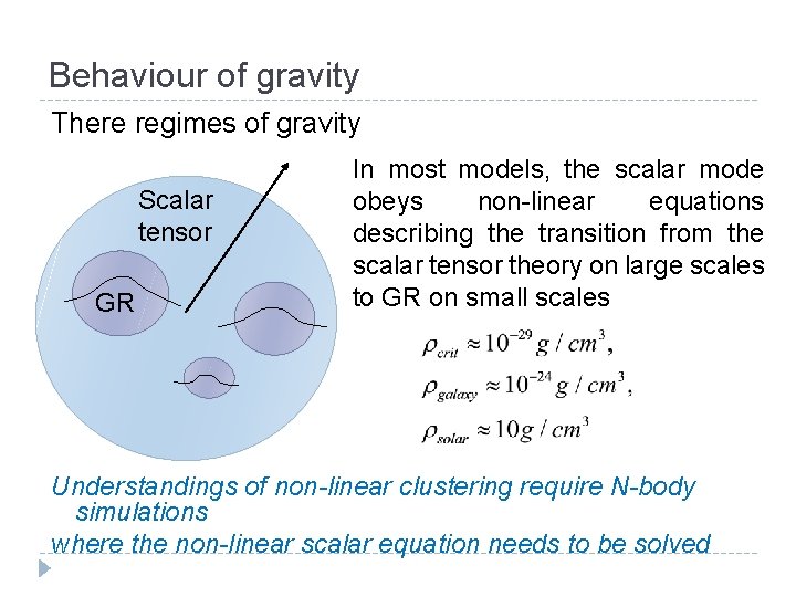 Behaviour of gravity There regimes of gravity Scalar tensor GR In most models, the