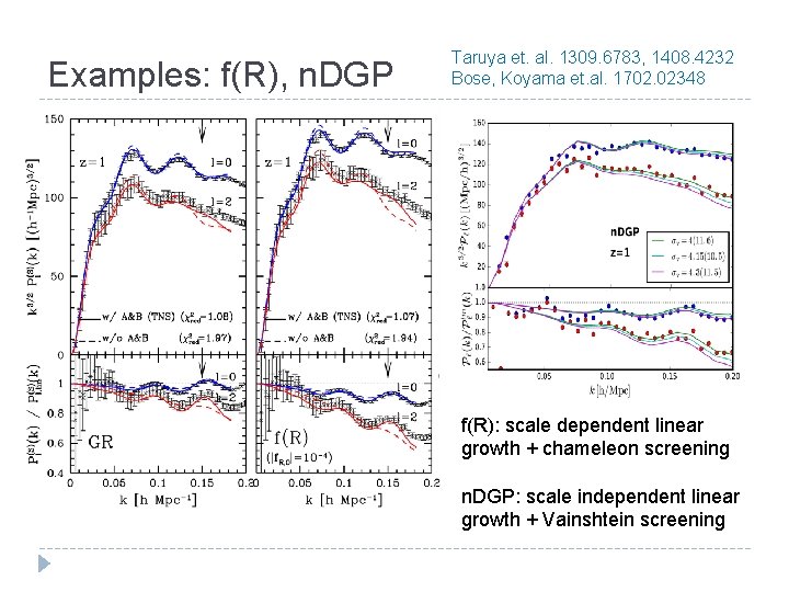 Examples: f(R), n. DGP Taruya et. al. 1309. 6783, 1408. 4232 Bose, Koyama et.