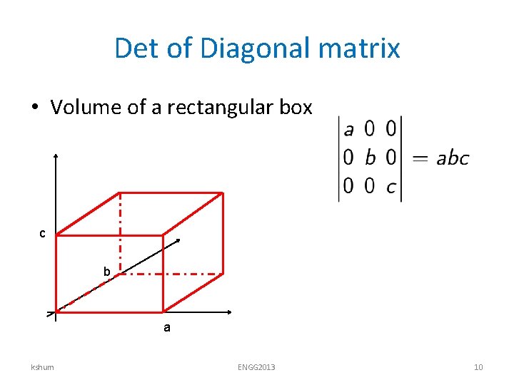 Det of Diagonal matrix • Volume of a rectangular box c b a kshum