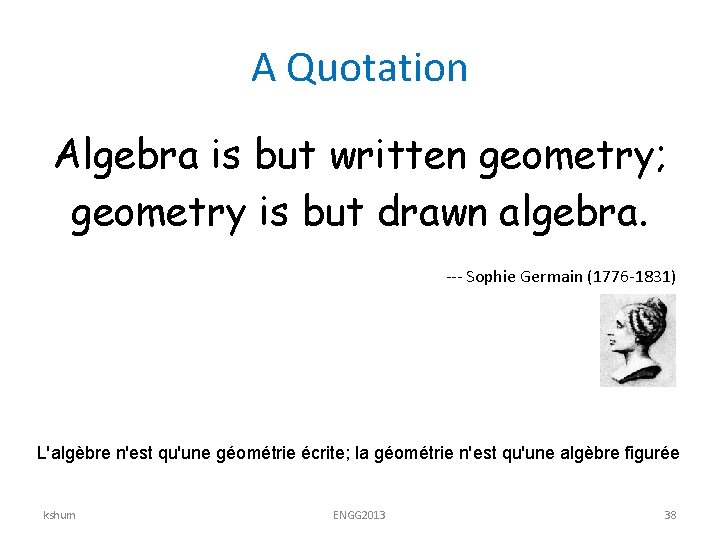 A Quotation Algebra is but written geometry; geometry is but drawn algebra. --- Sophie