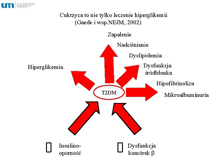 Cukrzyca to nie tylko leczenie hiperglikemii (Gaede i wsp. NEJM, 2002) Zapalenie Nadciśnienie Dyslipidemia