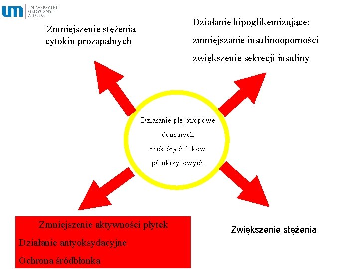 Działanie hipoglikemizujące: Zmniejszenie stężenia cytokin prozapalnych zmniejszanie insulinooporności zwiększenie sekrecji insuliny Działanie plejotropowe doustnych