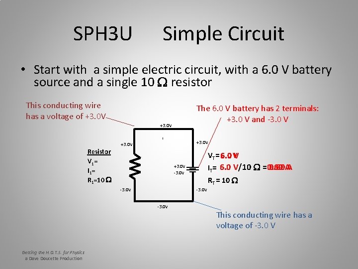 SPH 3 U Simple Circuit • Start with a simple electric circuit, with a