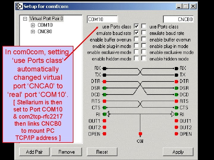 In com 0 com, setting ‘use Ports class’ automatically changed virtual port ‘CNCA 0’