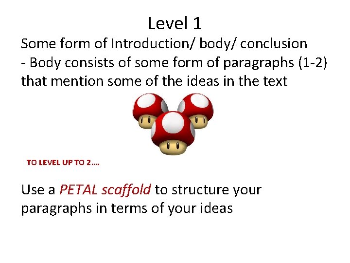 Level 1 Some form of Introduction/ body/ conclusion - Body consists of some form