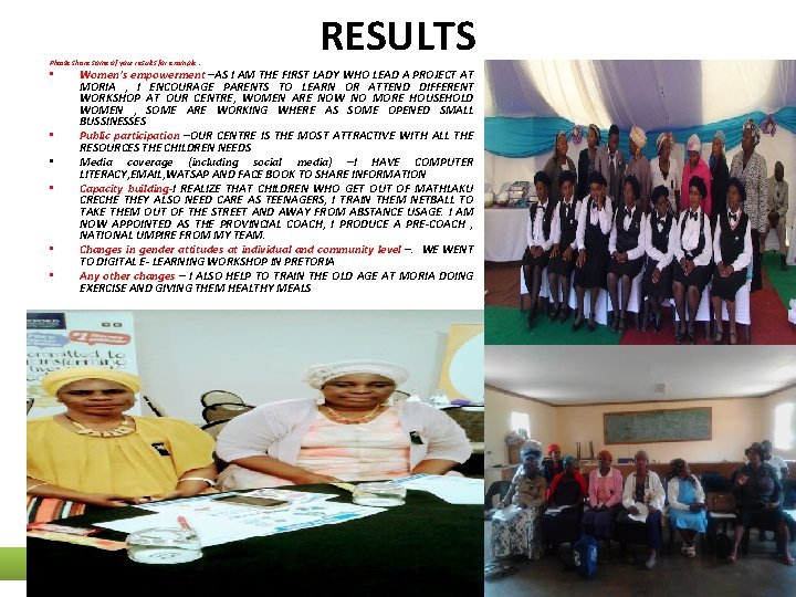 Please share some of your results for example : • • • RESULTS Women’s Please share some of your results for example : • • • RESULTS Women’s