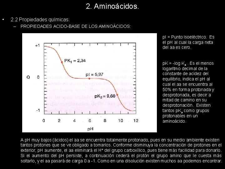 2. Aminoácidos. • 2. 2 Propiedades químicas. – PROPIEDADES ACIDO-BASE DE LOS AMINOÁCIDOS: p.