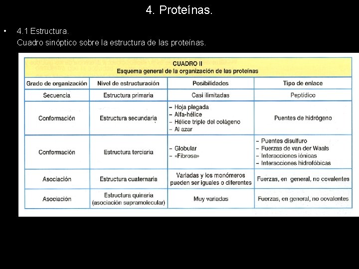 4. Proteínas. • 4. 1 Estructura. Cuadro sinóptico sobre la estructura de las proteínas.