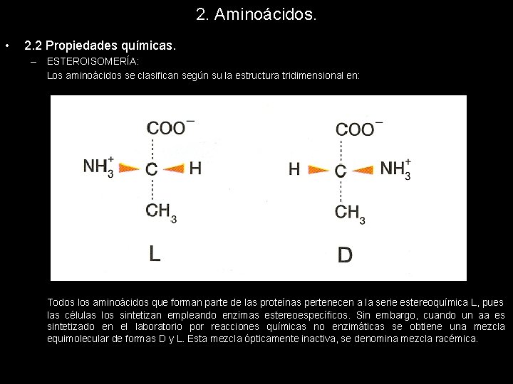 2. Aminoácidos. • 2. 2 Propiedades químicas. – ESTEROISOMERÍA: Los aminoácidos se clasifican según