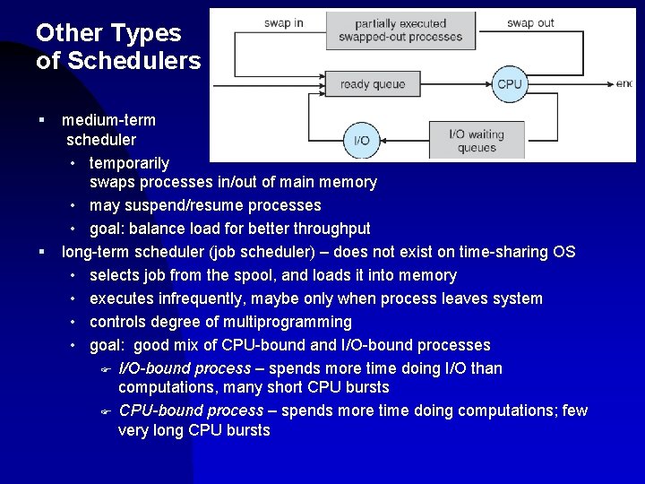 Other Types of Schedulers § § medium-term scheduler • temporarily swaps processes in/out of