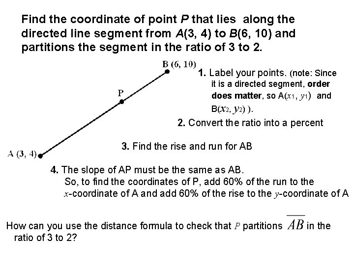 Find the coordinate of point P that lies along the directed line segment from