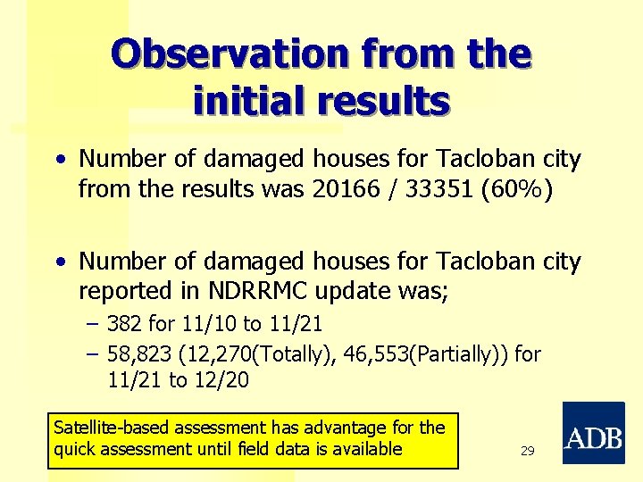 Observation from the initial results • Number of damaged houses for Tacloban city from