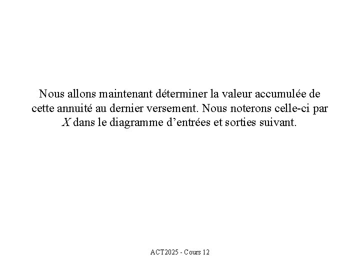 Nous allons maintenant déterminer la valeur accumulée de cette annuité au dernier versement. Nous