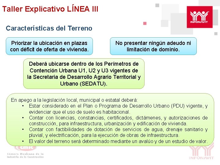 Taller Explicativo LÍNEA III Características del Terreno Priorizar la ubicación en plazas con déficit