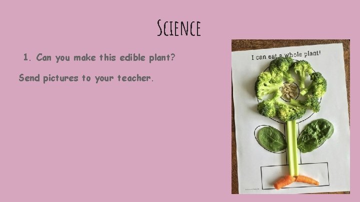 Science 1. Can you make this edible plant? Send pictures to your teacher. 