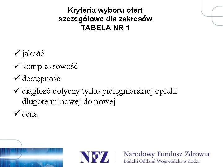 Kryteria wyboru ofert szczegółowe dla zakresów TABELA NR 1 ü jakość ü kompleksowość ü