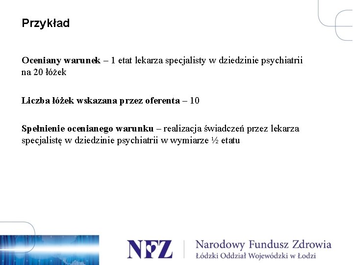 Przykład Oceniany warunek – 1 etat lekarza specjalisty w dziedzinie psychiatrii na 20 łóżek