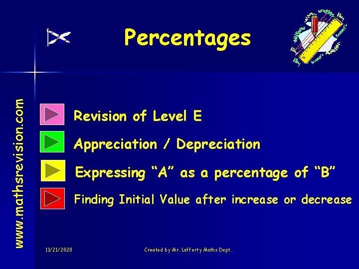 www. mathsrevision. com Percentages Revision of Level E Appreciation / Depreciation Expressing “A” as