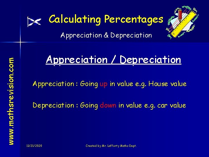 Calculating Percentages www. mathsrevision. com Appreciation & Depreciation Appreciation / Depreciation Appreciation : Going