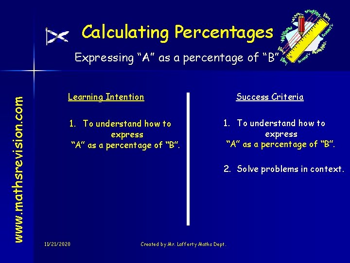 Calculating Percentages www. mathsrevision. com Expressing “A” as a percentage of “B” Learning Intention