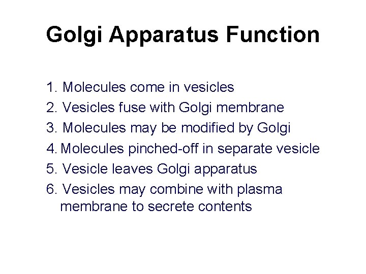 Golgi Apparatus Function 1. Molecules come in vesicles 2. Vesicles fuse with Golgi membrane