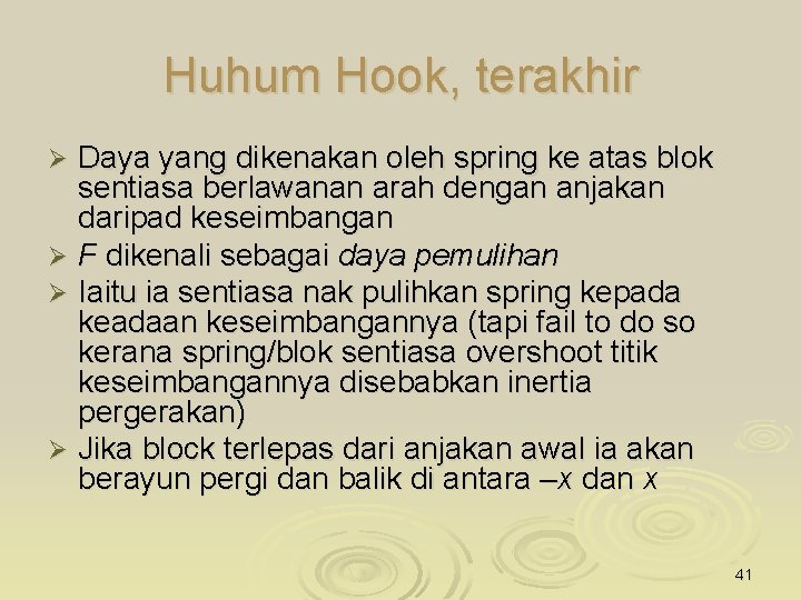 Huhum Hook, terakhir Daya yang dikenakan oleh spring ke atas blok sentiasa berlawanan arah