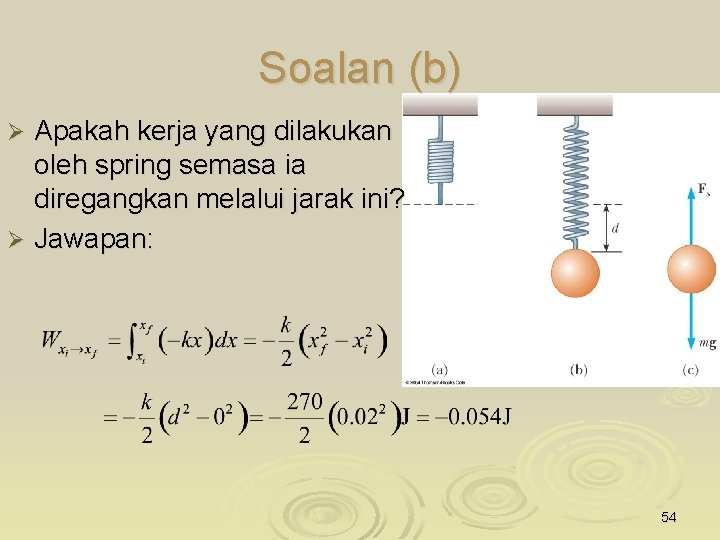 Soalan (b) Apakah kerja yang dilakukan oleh spring semasa ia diregangkan melalui jarak ini?