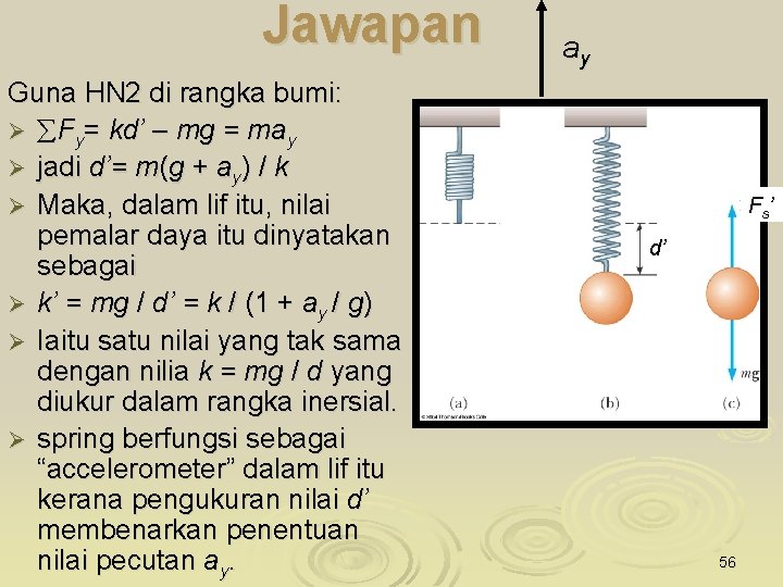 Jawapan Guna HN 2 di rangka bumi: Ø Fy= kd’ – mg = may