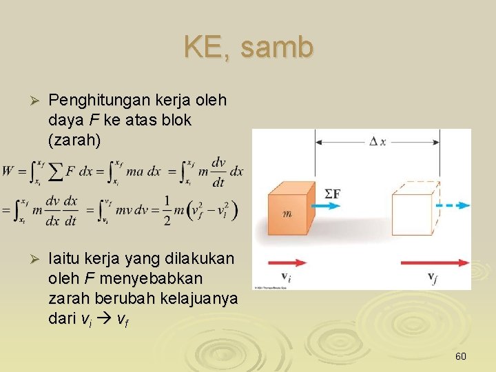 KE, samb Ø Penghitungan kerja oleh daya F ke atas blok (zarah) Ø Iaitu