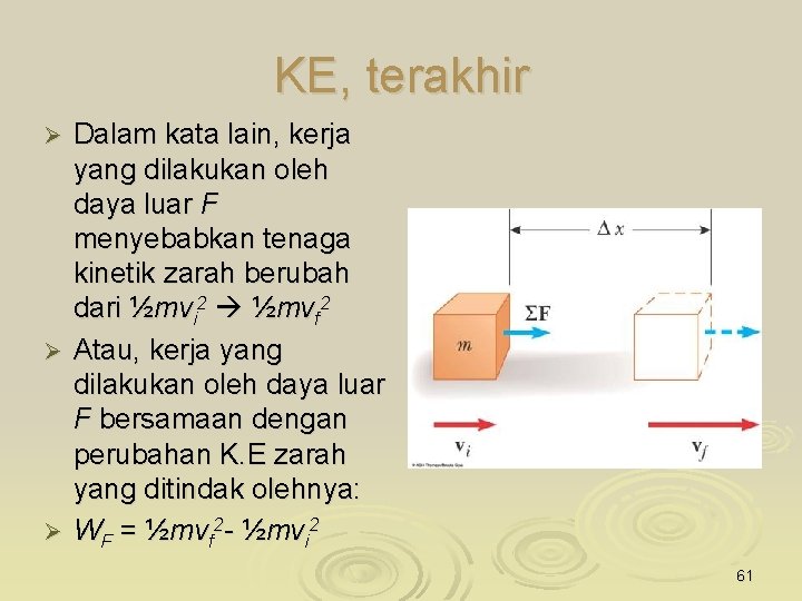 KE, terakhir Dalam kata lain, kerja yang dilakukan oleh daya luar F menyebabkan tenaga