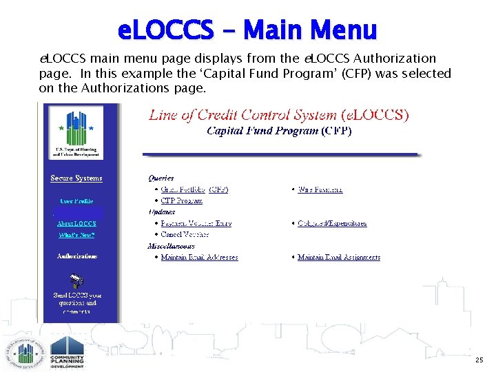 e. LOCCS – Main Menu e. LOCCS main menu page displays from the e.