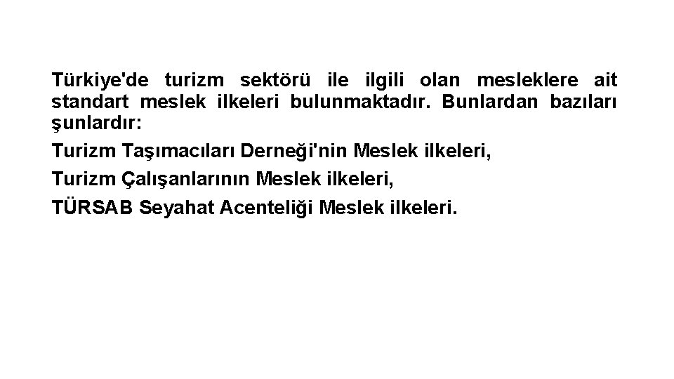 Türkiye'de turizm sektörü ile ilgili olan mesleklere ait standart meslek ilkeleri bulunmaktadır. Bunlardan bazıları