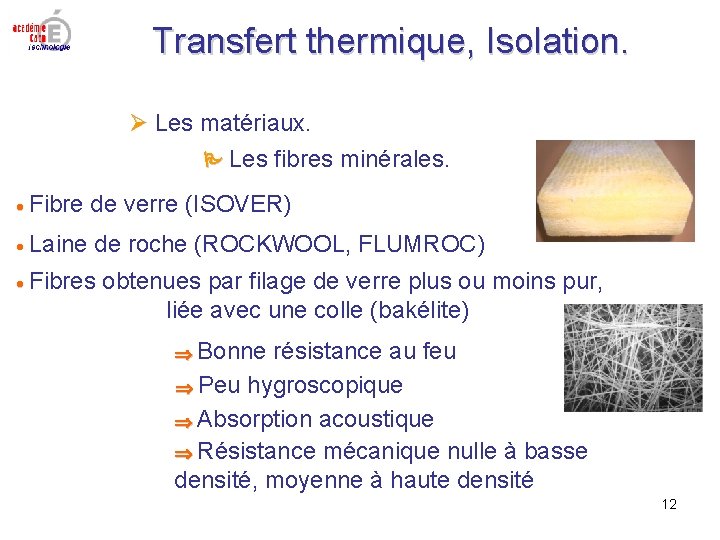 Transfert thermique, Isolation. Les matériaux. Les fibres minérales. Fibre de verre (ISOVER) Laine de Transfert thermique, Isolation. Les matériaux. Les fibres minérales. Fibre de verre (ISOVER) Laine de