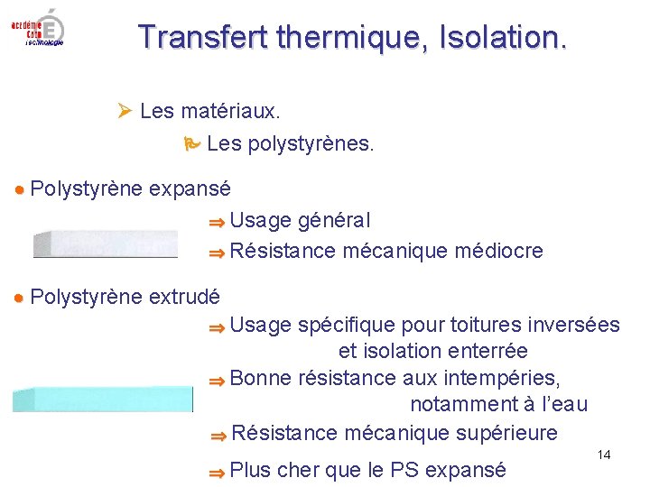 Transfert thermique, Isolation. Les matériaux. Les polystyrènes. Polystyrène expansé Usage général Résistance mécanique médiocre Transfert thermique, Isolation. Les matériaux. Les polystyrènes. Polystyrène expansé Usage général Résistance mécanique médiocre