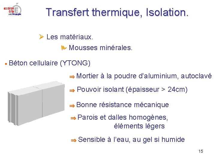 Transfert thermique, Isolation. Les matériaux. Mousses minérales. Béton cellulaire (YTONG) Mortier à la poudre Transfert thermique, Isolation. Les matériaux. Mousses minérales. Béton cellulaire (YTONG) Mortier à la poudre