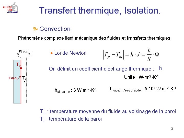 Transfert thermique, Isolation. Convection. Phénomène complexe liant mécanique des fluides et transferts thermiques Loi Transfert thermique, Isolation. Convection. Phénomène complexe liant mécanique des fluides et transferts thermiques Loi