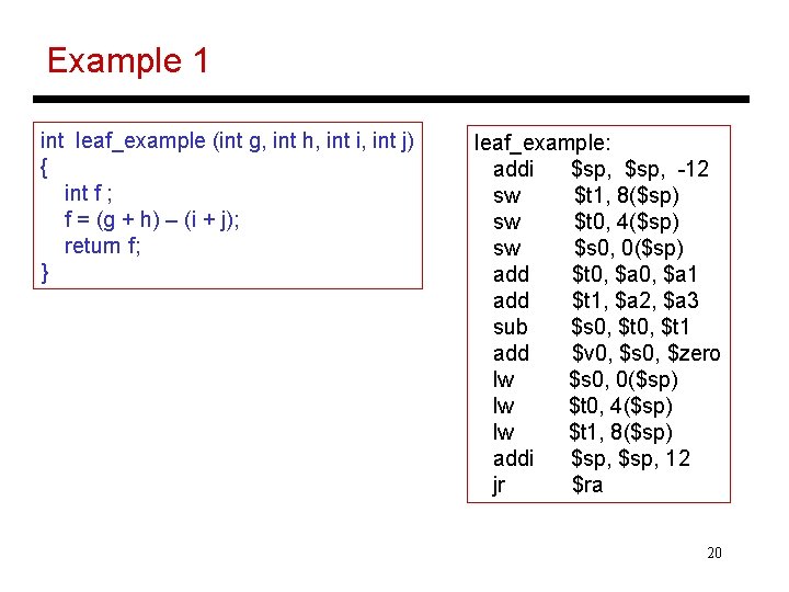 Example 1 int leaf_example (int g, int h, int i, int j) { int