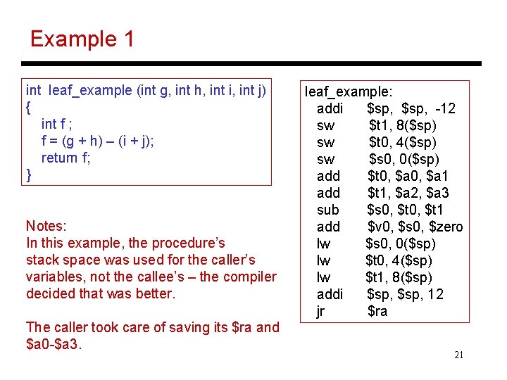 Example 1 int leaf_example (int g, int h, int i, int j) { int